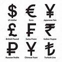 Conjunto de iconos de símbolos de monedas. Dólar, euro, rublo, yuan ...