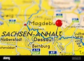 Dessau map. Close up of Dessau map with red pin. Map with red pin point ...