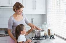 daughter cooking mother together kitchen stock child