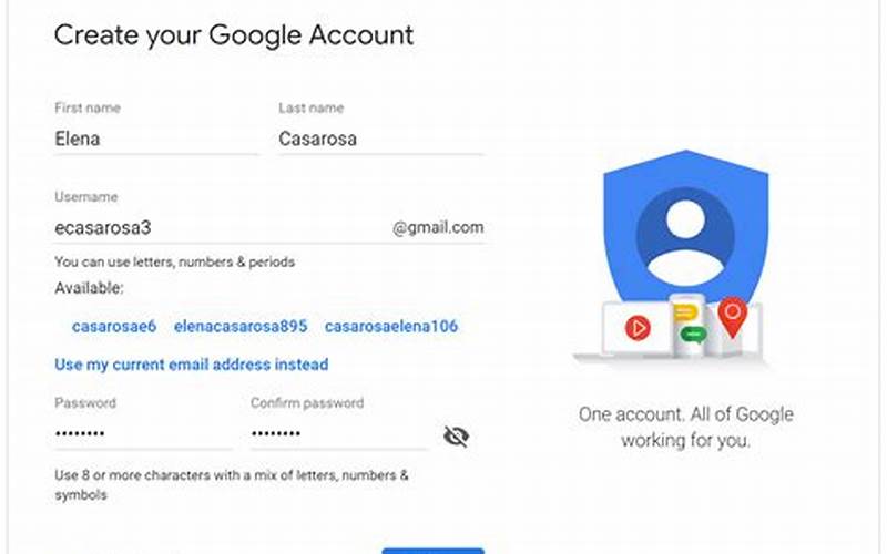 Google Create Account Form