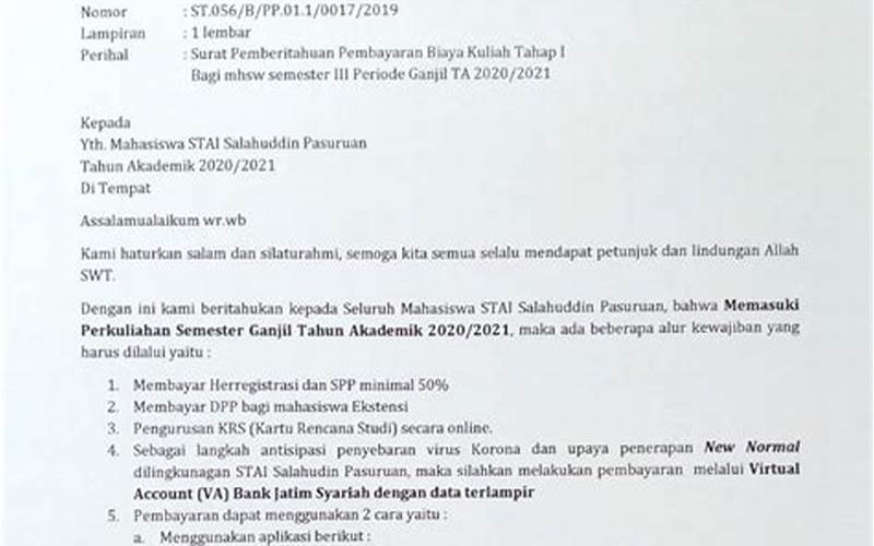 Isi Surat Pemberitahuan Biaya Kuliah