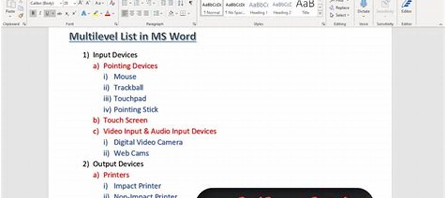 Format Multilevel List di Microsoft Word