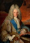 an old painting of a man with white hair wearing a brown suit and blue sash