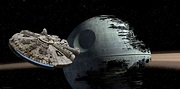 Póster de vidrio Halcón Milenario vs Estrella de La Muerte - Star Wars