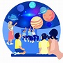 Premium Vector | Children in planetarium study planets. vector.