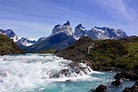 Cordillera Paine Range from the Salto Grande in Torres del Paine, Chile ...