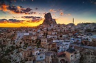 Aerial view of Uchisar castle in the sunset. Cappadocia. Nevsehir ...