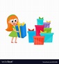 Girl holding present box and pile of many gifts Vector Image