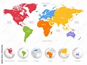 World map divided into six continents. Each continent in different ...