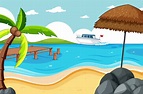 Playa tropical y estilo de dibujos animados de escena de playa de arena ...