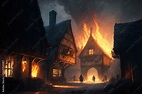 Fantasy Village Town on Fire Concept Art Stock-Illustration | Adobe Stock