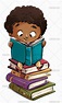 African American boy reading on a pile of books - Illustrations from ...