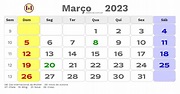 Calendário de março de 2023 com feriados nacionais fases da lua e datas ...