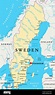 Suecia Mapa Político con capital, Estocolmo, las fronteras nacionales ...