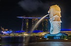 Skyline of Singapore business district at night with Merlion Statue. I ...