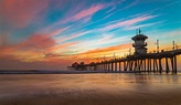 Sonnenuntergang Durch Den Huntington Beach-Pier in Kalifornien ...
