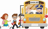 Crianças felizes dos desenhos animados, embarcar em um ônibus escolar ...