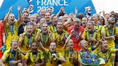 Seleção Feminina da Suécia comemora a medalha de bronze na Copa do Mundo