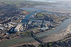 Aerial photography of Barrow in Furness Docklands and BAE Systems ship ...