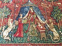 TAPESTRY, 132cm x 171cm, medieval scene with Royalty and mythical beasts.