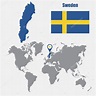 Mapa de Suecia en un mapa mundial con la bandera y el puntero del mapa ...