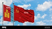 Mongolia and Soviet Union flag waving in the wind against white cloudy ...