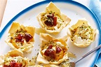 Filo pastry cups with goat's curd, dates and pistachios