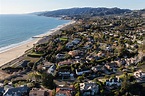 Aerial view of scenic ocean view Pacific Palisades homes and str ...