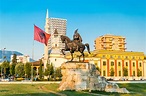 Skanderbeg square with flag, Skanderbeg monument and The Et’hem Bey ...