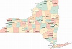 Multi Color New York State Map with Counties, Capitals, and Major Citi