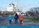 Pskov, Russia, December, 31, 2017. People Walking Near Ancient Pskov ...