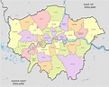 Mapa y plano de 32 distritos (boroughs) y barrios de Londres