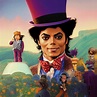 Michael Jackson, fantaisiste, dans le rôle de Willy Wonka assis sur un ...