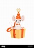 Lindo ratón en una gorra en forma de cono sentado en la caja de regalo ...