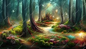 El bosque encantado del paisaje natural mágico y el fondo del flujo del ...