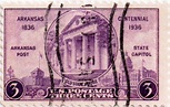 US postage stamp, 3 cent. Arkansas Centennial, 1836-1936. Arkansas Post ...