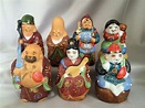 Vintage Japanese Kutani Seven Lucky Gods Moriage Porcelain Figurines ...