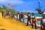 Conquistadores españoles desembarcando en América - Arre caballo!
