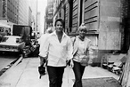 Dick Clark and his wife Kari Wigton walking on the street; circa ...