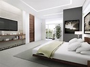 a modern bedroom with white and gray walls, large bed, flat screen tv ...