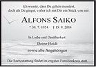 Traueranzeigen von Alfons Saiko | nordwest-trauer.de