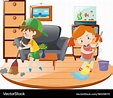 Boy and girl cleaning living room Royalty Free Vector Image