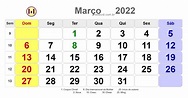 Calendário de março de 2022 com feriados nacionais fases da lua e datas ...