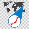 World map with zoom on Japan. Map in loupe. Vector illustration in flat ...