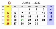 Calendário de junho de 2022 com feriados nacionais fases da lua e datas ...