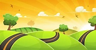 Paisaje de dibujos animados con carretera y sol brillante 269201 Vector ...