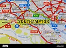 Southampton and surrounding areas shown on a road map or geography map ...