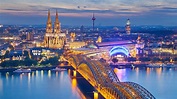 Köln, Deutschland, Kathedrale, nacht, stadt, häuser, brücke, fluss ...