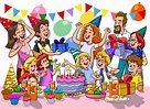 Cartoon kids party poster with big table sweets and gifts in birthday ...