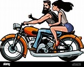 Biker con chica una motocicleta retro. Ilustración vectorial de dibujos ...